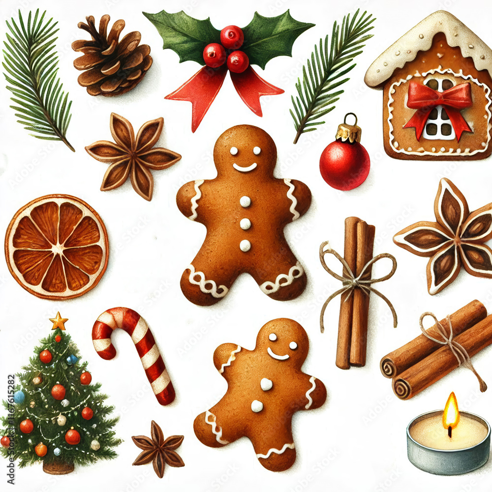 Watercolor set of delicious traditional Christmas gingerbread on white background. minimalism Watercolor set of delicious traditional Christmas gingerbread on white background. minimalism