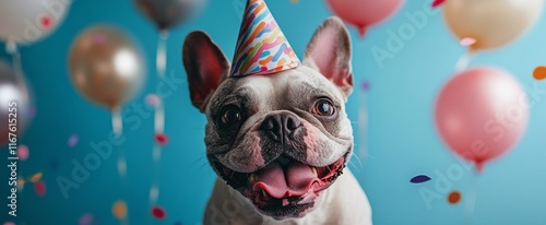 Happy dog celebrates birthday with colorful decorations and party hat