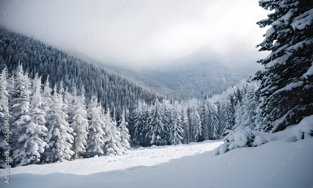 Snow covered forest landscape with mountain view in background Snow covered forest landscape with mountain view in background