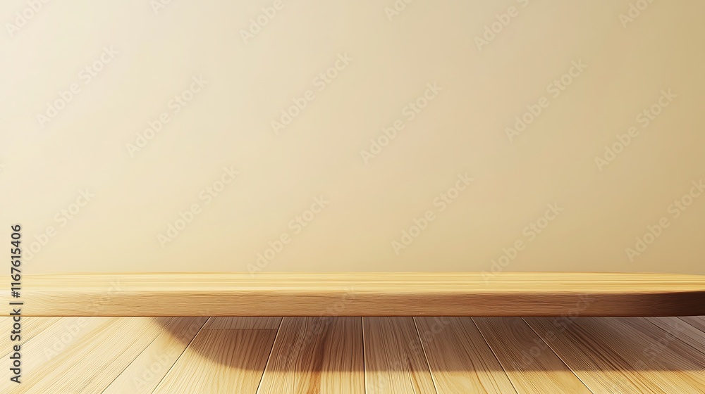 Wooden Shelf Against Beige Wall Background Wooden Shelf Against Beige Wall Background