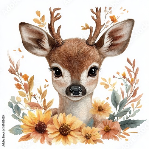 Cute baby deer surrounded by flowers in a delicate botanical setting