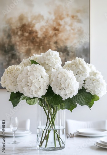 Elegant white hydrangeas in a glass vase on a modern dining table with serene...
