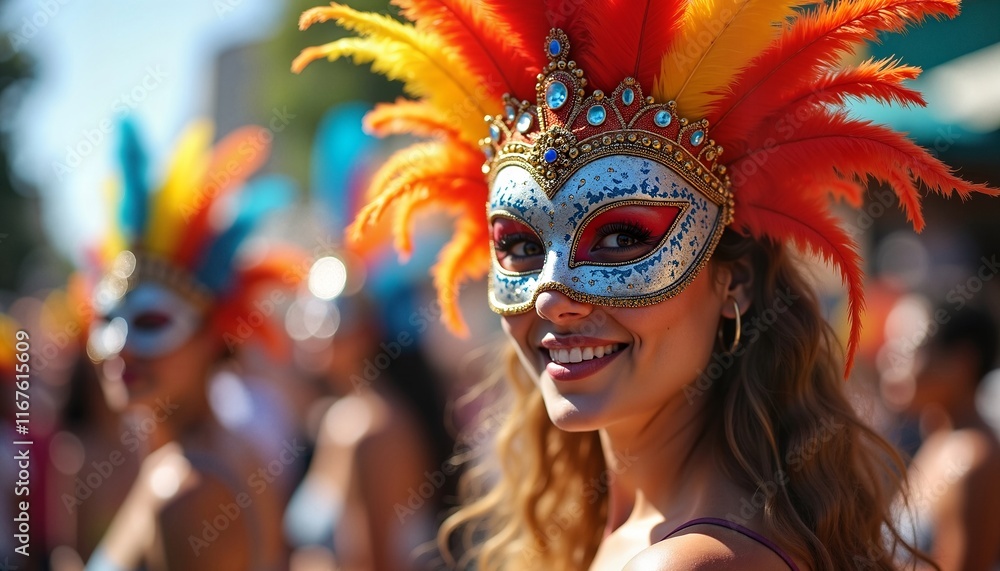 Smiling woman in vibrant feathered mask celebrating at Brazilian Carnival street parade Smiling woman in vibrant feathered mask celebrating at Brazilian Carnival street parade
