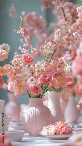 Beautiful arrangement of pink flowers in various vases at a bright interior l...