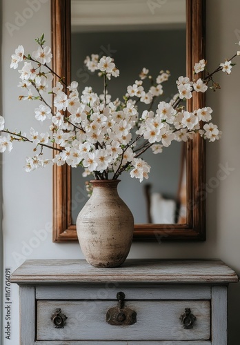 Elegant floral arrangement in a vintage vase on a wooden table with mirror re...