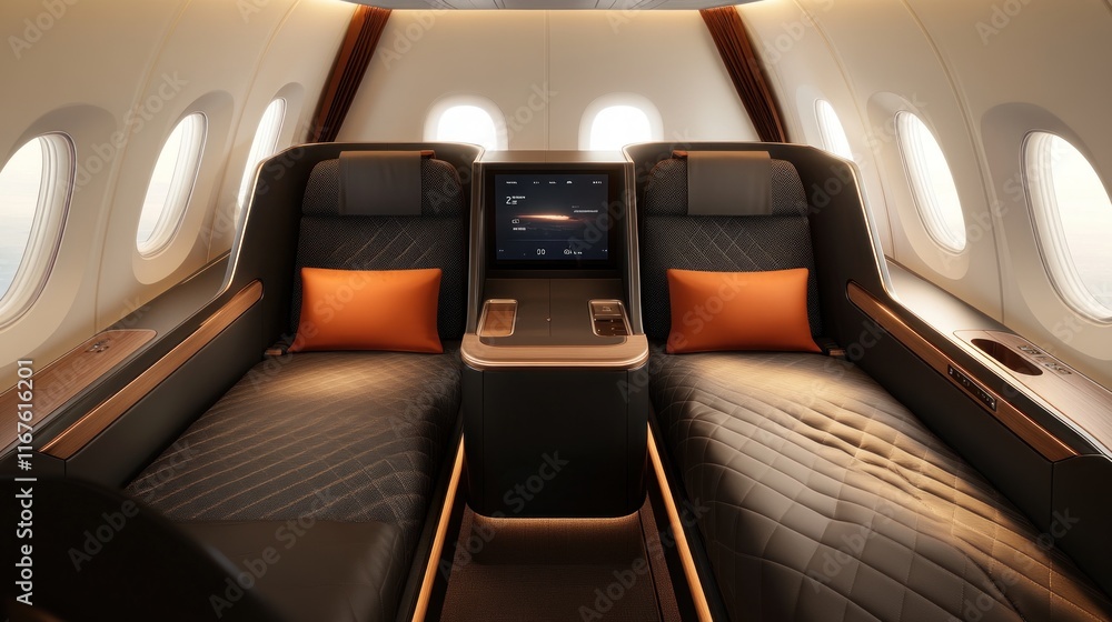 Fototapeta premium Luxury First Class Suite: Experience Unparalleled Comfort and Style in the Air