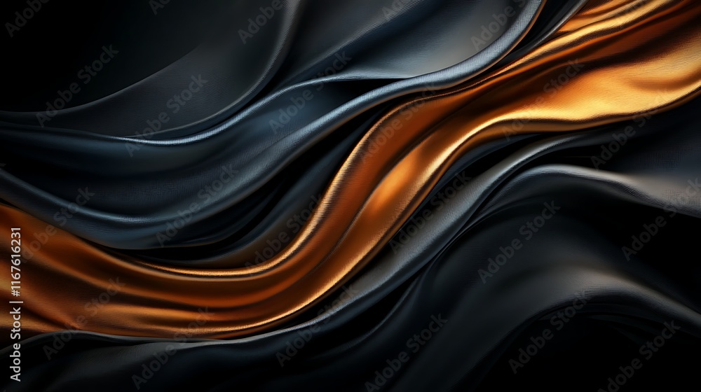 Fototapeta premium fluid metallic waves in gold, silver, and bronze on a dark background 