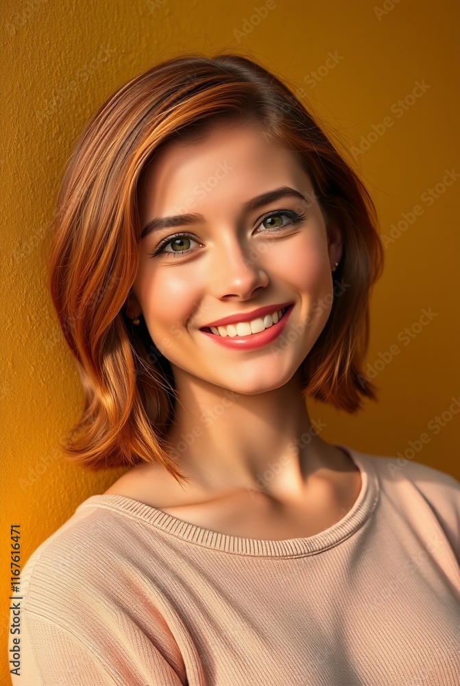 Fototapeta premium Portrait of a Smiling Young Woman against a Warm Yellow Background