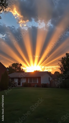 Stunning sunset casting radiant rays over suburban neighborhood landscape