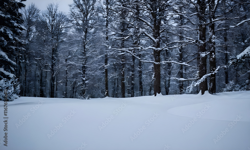 Fototapeta premium Snow covered field leading into a forest covered in snow