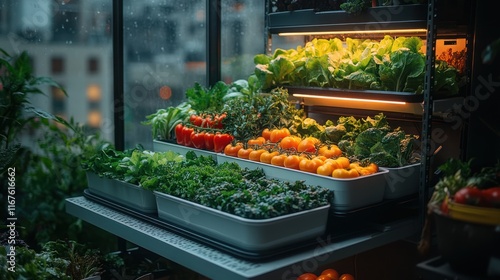 Urban indoor farm growing vegetables near rainy window photo