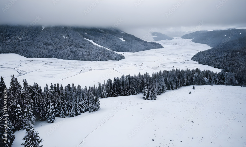 Obraz premium Snowy mountains landscape with pine trees covering the valley under a cloudy sky