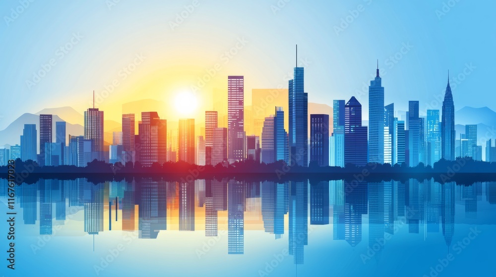Serene Cityscape at Sunrise with Mountain Backdrop Serene Cityscape at Sunrise with Mountain Backdrop