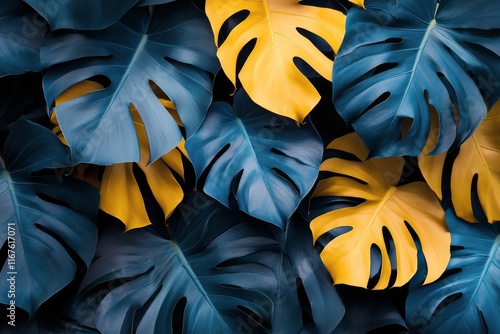 Colorful tropical leaves with striking blue and orange hues against a dark ba...