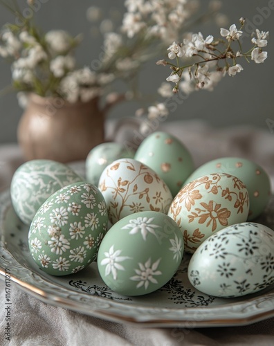 Beautifully decorated green and white Easter eggs arranged on a decorative plate