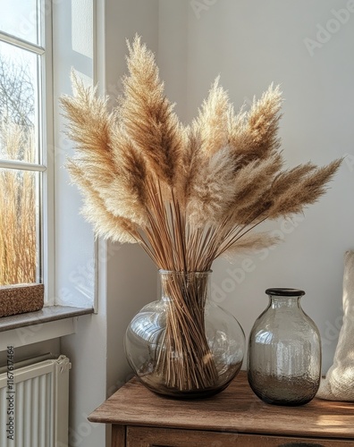 Dried pampas grass arrangement in a glass vase on a wooden table by the window