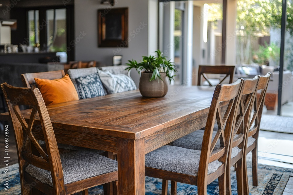 Obraz premium Wooden dining table with chairs and decorative plant in modern home
