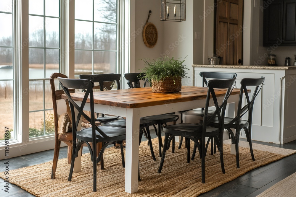 Dining room table with black chairs and lake view showing modern farmhouse style Dining room table with black chairs and lake view showing modern farmhouse style