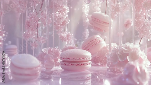 Sweet pink macarons surrounded by delicate flowers create a charming dessert ...