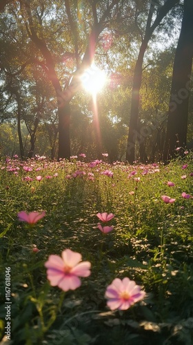 Pink azalea blooms illuminated by golden sunlight during a spring evening