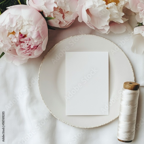 Crafting ideas with blank card, fresh peony flower, and spool of thread on wh...