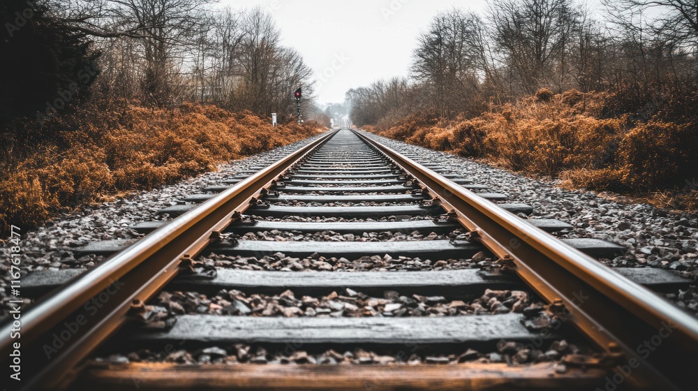 Fototapeta premium Endless Railway Tracks Through Autumnal Woods