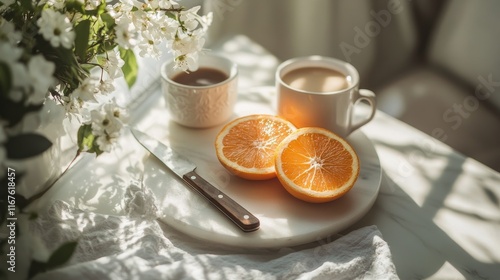 Woman with curly hair poses with sliced oranges on a white surface adorned wi...