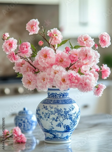 Elegant pink cherry blossoms in a blue and white vase on a marble countertop