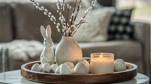 Spring home decor featuring an elegant arrangement with a bunny, flowers, and...
