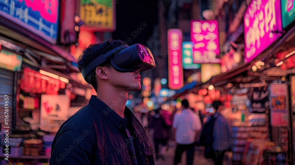 Obraz premium Immersive Night in Asia: A VR Journey Through Neon Streets