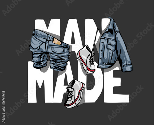 man made slogan with denim clothes and sneaker vector illustration on black background
