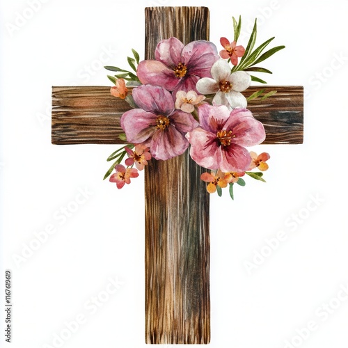 Floral cross design featuring pink and purple flowers on a wooden background