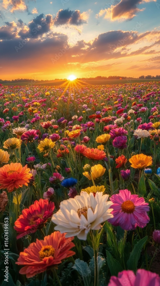 Obraz premium Vibrant flower field blooms under a beautiful sunset in the countryside during spring season