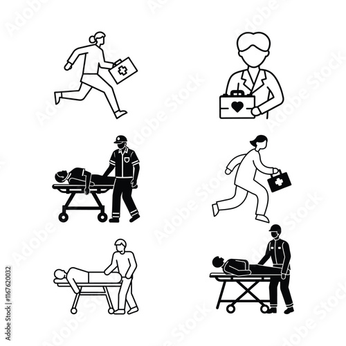 patient on stretcher with doctor running with medic in emergency lineart vector bundle