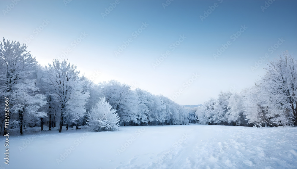 Snow covered trees lining a path through a snowy field Snow covered trees lining a path through a snowy field