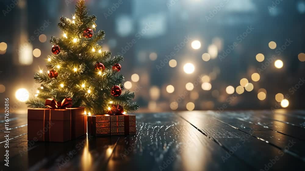 Christmas tree with presents decorated with lights and ornaments on a wooden floor in a cozy setting Christmas tree with presents decorated with lights and ornaments on a wooden floor in a cozy setting