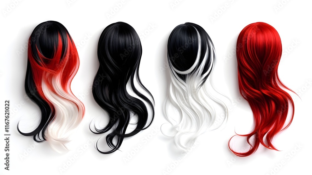 Hair wigs, colorful hair extensions, long wavy hair, black red and white colors, gradient ombre effect, beauty accessories, cosplay wigs, synthetic hair, fashion hairpieces