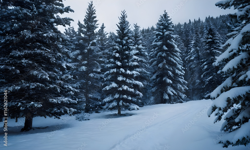 Naklejka premium Snow covered path winding through a pine forest