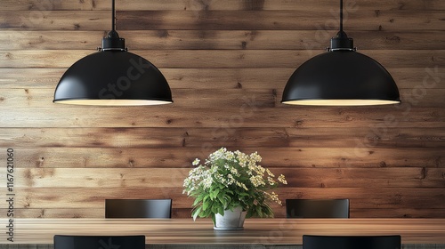 Modern dining area with pendant lighting and wooden wall decor