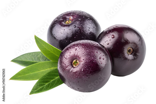 Fresh Acai Berries with Green Leaves - Close-up of fresh acai berries with water droplets, accompanied by green leaves, highlighting their glossy texture and vibrant color.
