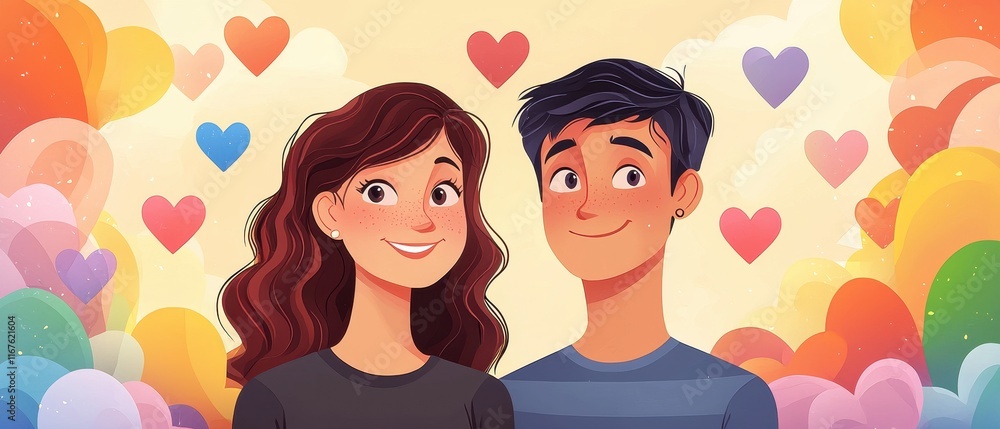 Young Couple Smiling with Colorful Heart Background in Illustration Young Couple Smiling with Colorful Heart Background in Illustration