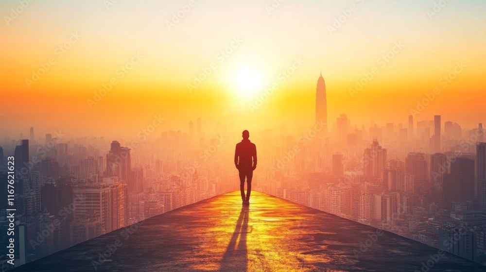 Fototapeta premium Stunning City Skyline at Sunset with Silhouette Figure