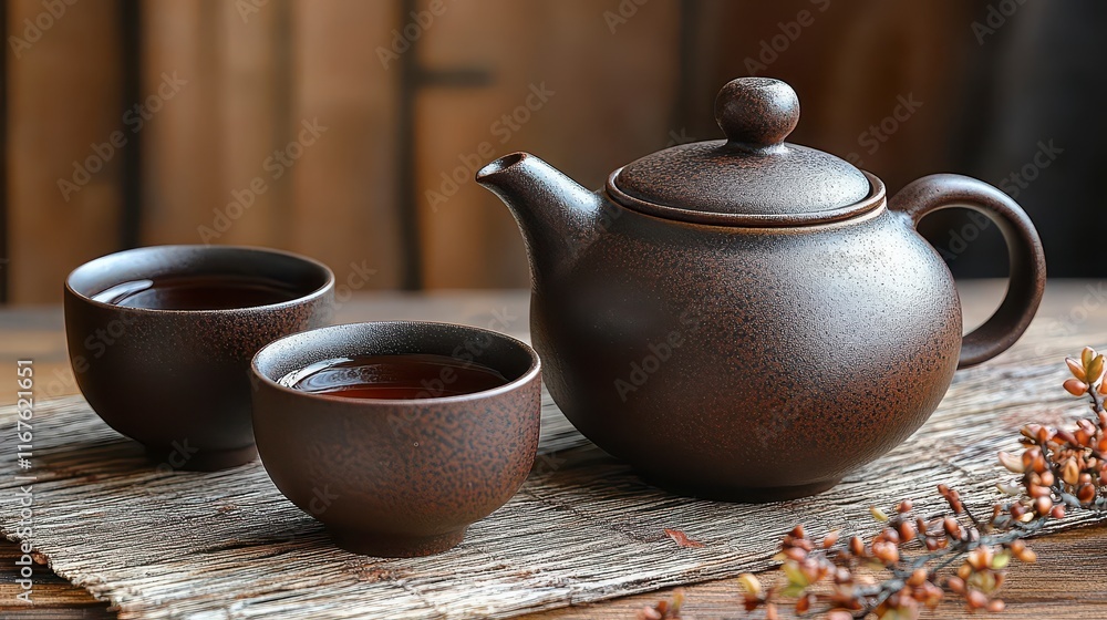 Dark brown teapot and two teacups on rustic wooden surface. Dark brown teapot and two teacups on rustic wooden surface.