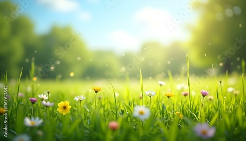 Sunny meadow with colorful wildflowers. Spring nature scene with green grass and blooming daisies. Bright summer landscape for relaxation and outdoor activities