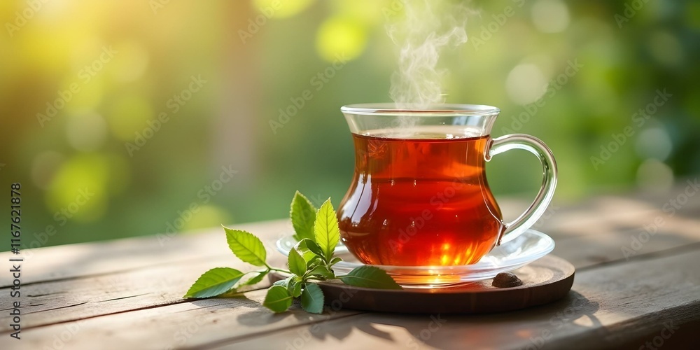Steaming cup of aromatic tea on wooden surface with fresh mint leaves. Cozy morning drink in sunlit garden. Relaxing beverage for healthy lifestyle. Natural light background with copy space Steaming cup of aromatic tea on wooden surface with fresh mint leaves. Cozy morning drink in sunlit garden. Relaxing beverage for healthy lifestyle. Natural light background with copy space