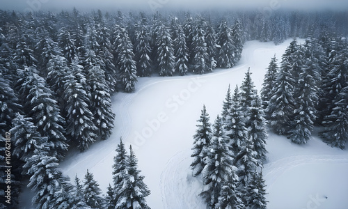 Snow covered winding path leading through a pine forest