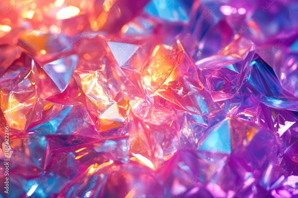 Macro closeup of sparkling iridescent crystal, showing vibrant colors and geometric shapes Macro closeup of sparkling iridescent crystal, showing vibrant colors and geometric shapes