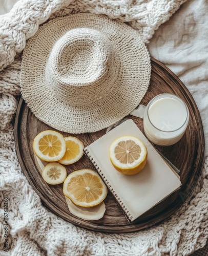 Cozy winter setup with a knitted blanket, a hat, and refreshments on a bed