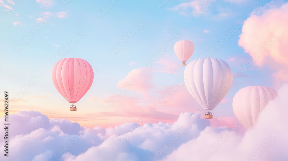 Fototapeta premium Dreamy hot air balloons floating above soft clouds in pastel sky