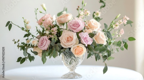 Beautiful bouquet of pink and red roses arranged in a clear glass vase for de...